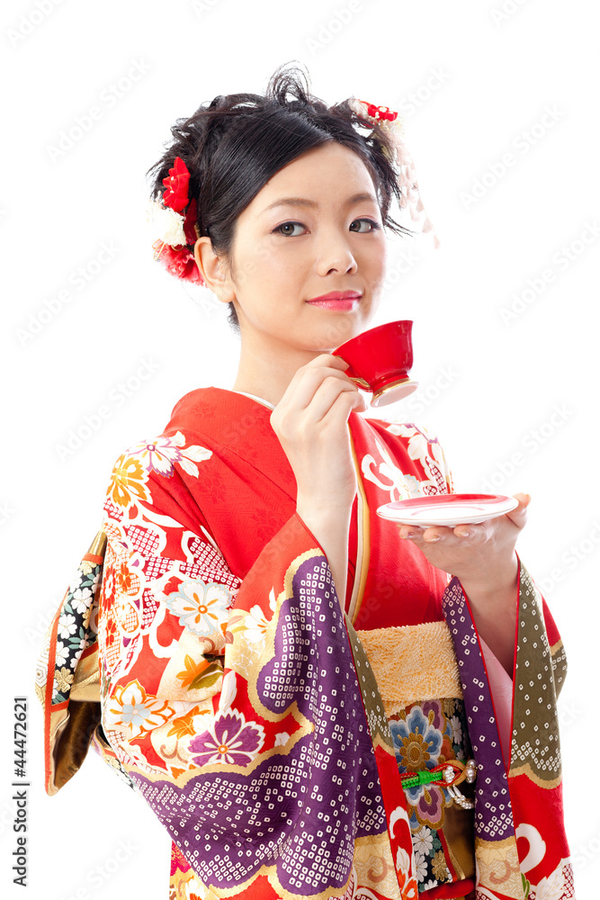 日本和服女人喝茶