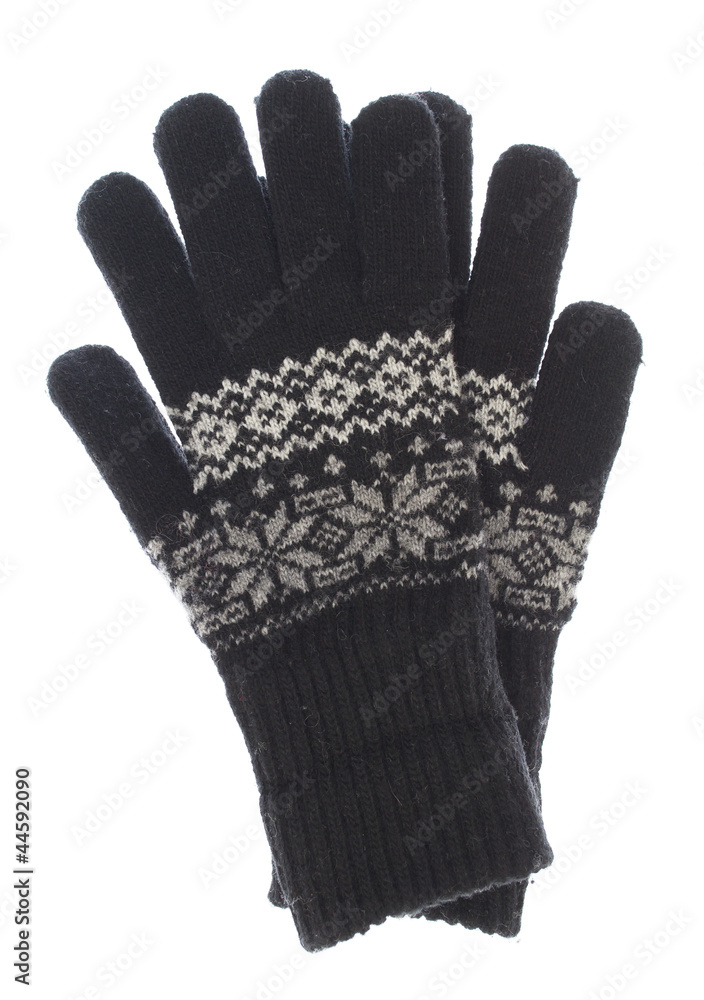 冬季保暖针织黑色手套，白底隔离