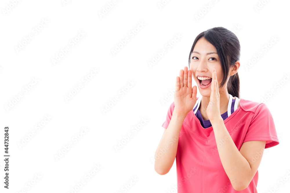 young asian woman cheering on white background