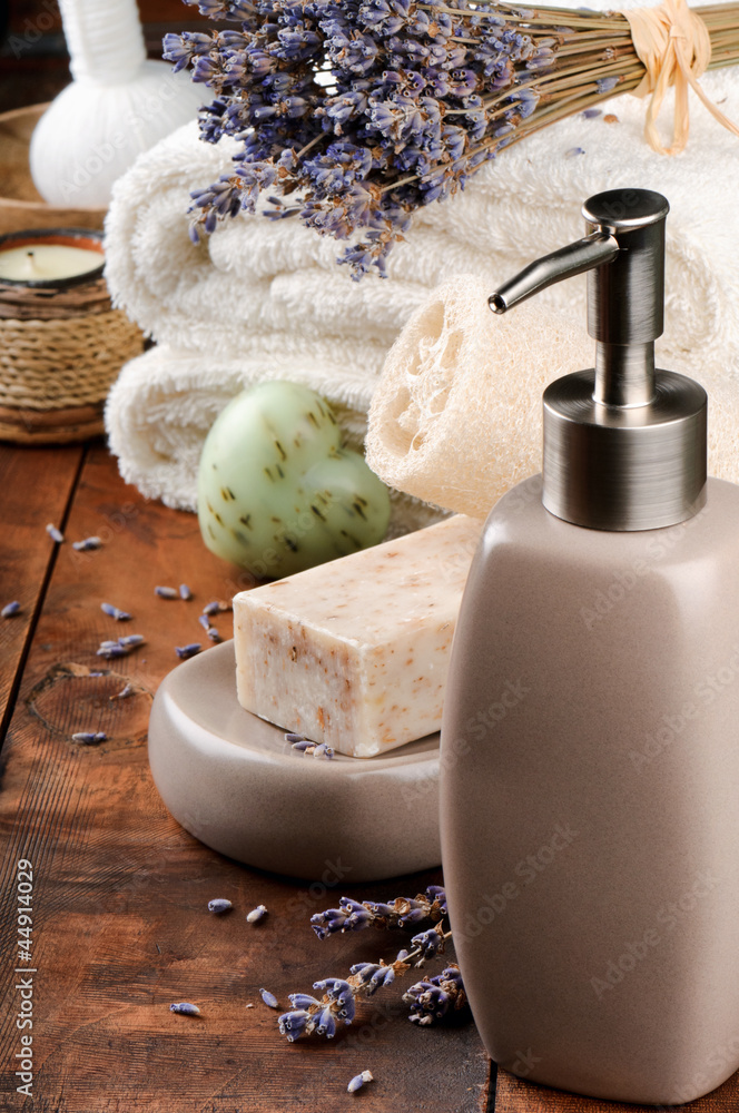 Spa setting with natural soap and lavender