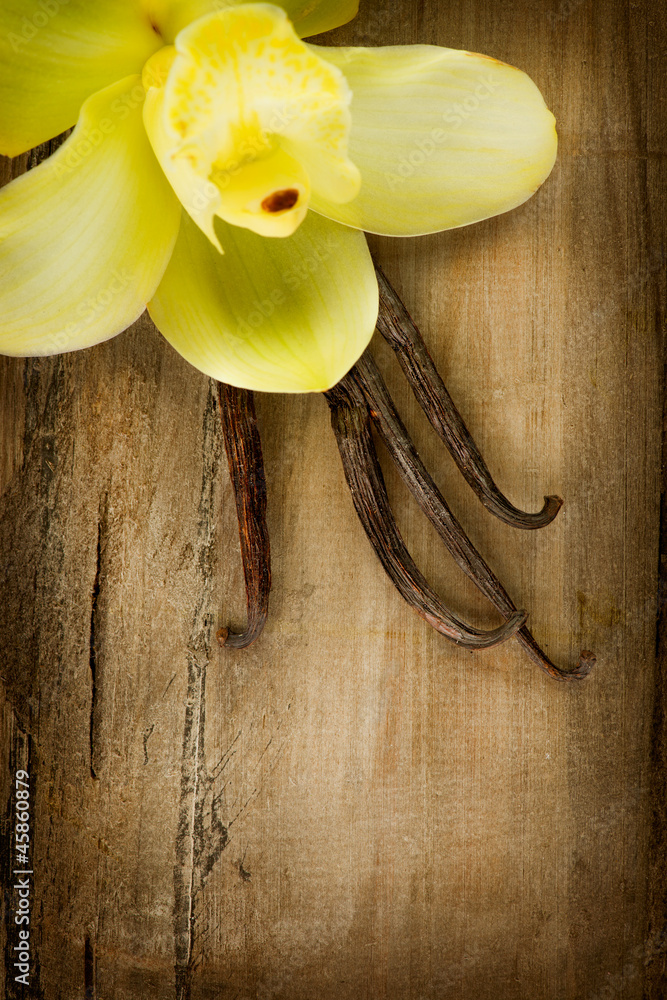Vanilla Pods and Flower over Wooden Background