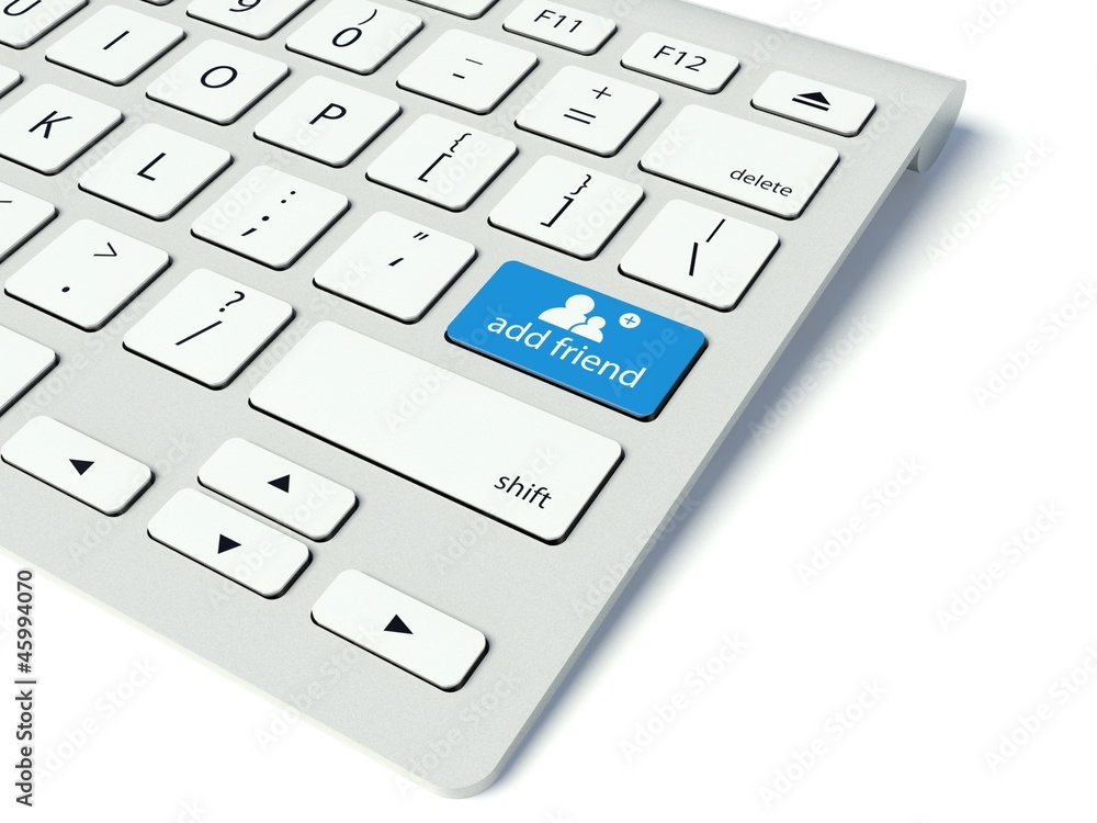 键盘和蓝色添加好友按钮，社交网络概念