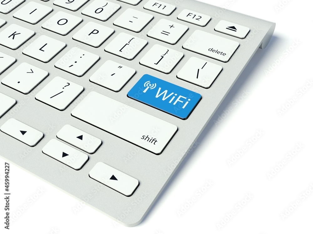 键盘和蓝色Wifi按钮，互联网概念