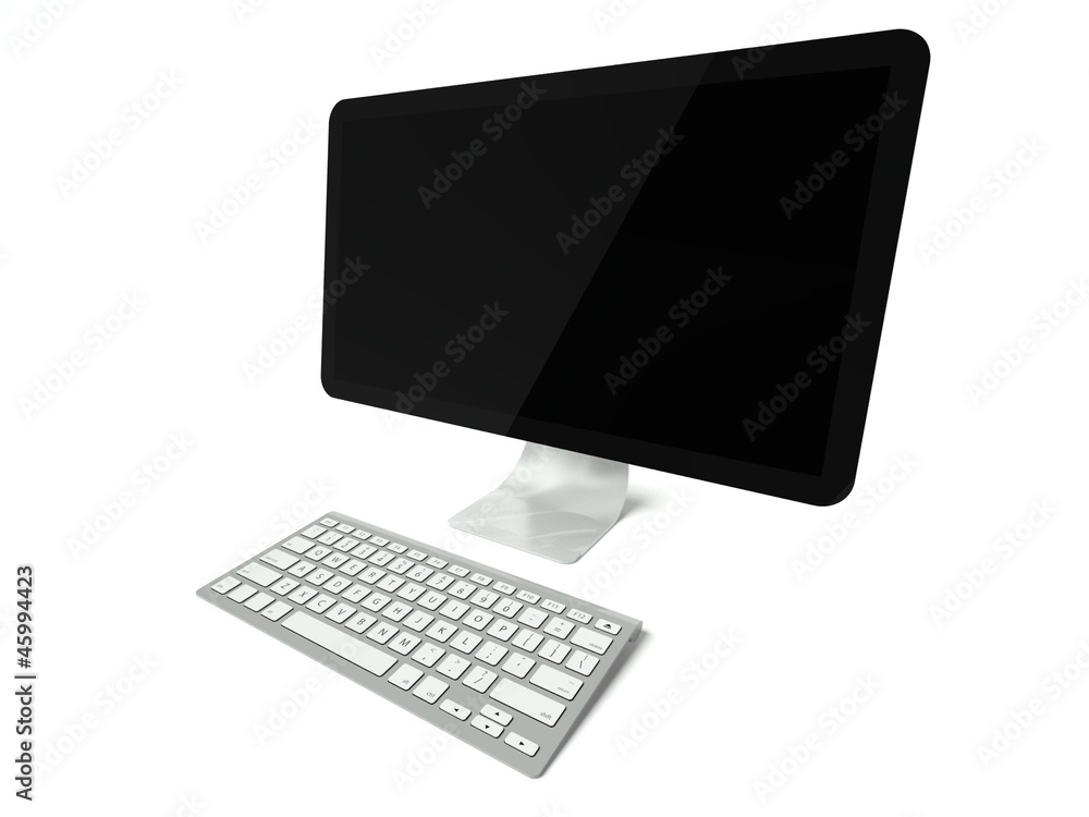 台式电脑屏幕，无线键盘