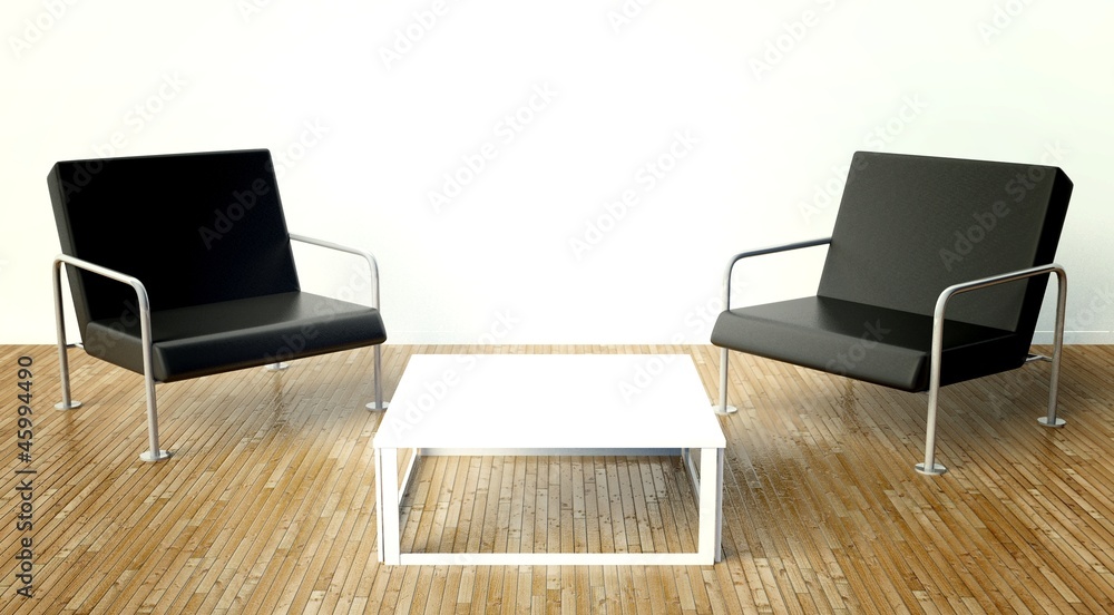 白色墙上有椅子和桌子的现代室内