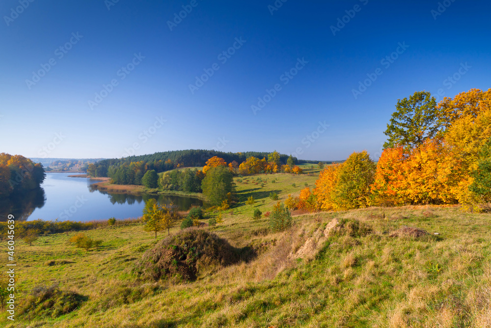 波兰草地和湖泊的秋天景色