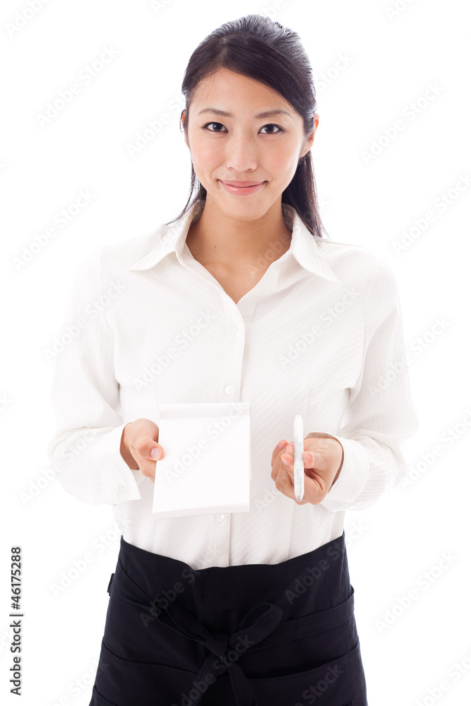 asian waitress working on white background