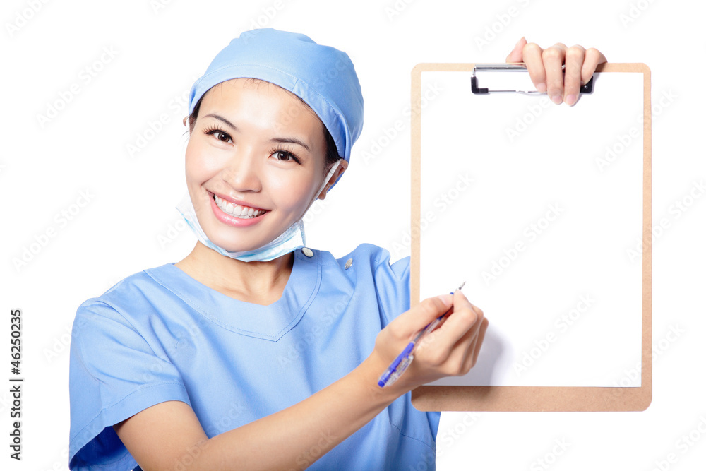 woman doctor showing empty blank clipboard