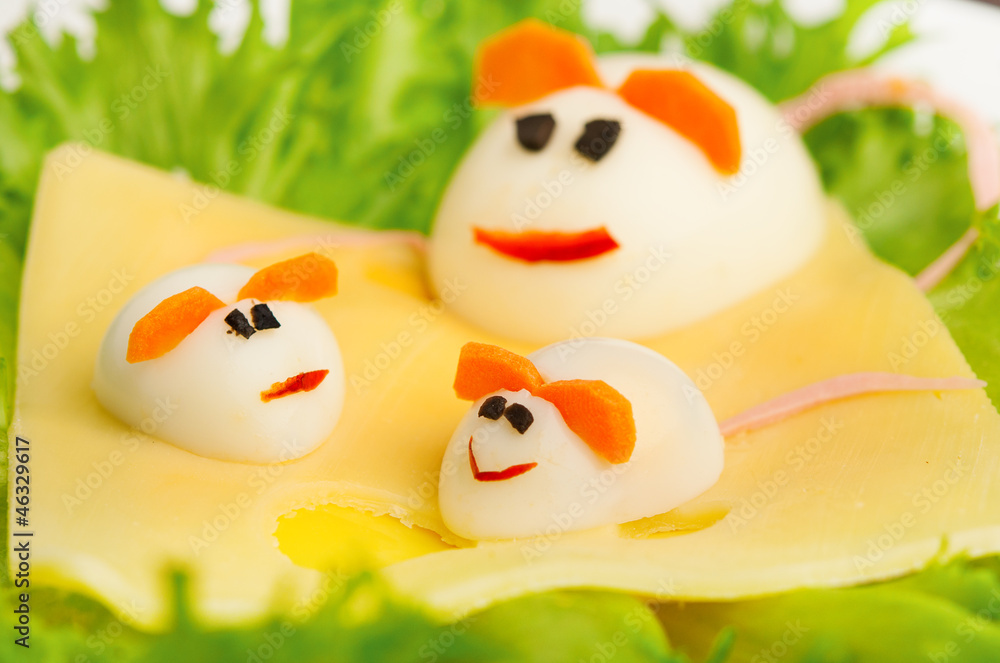 Design of food for children. eggs in the shape of mouse