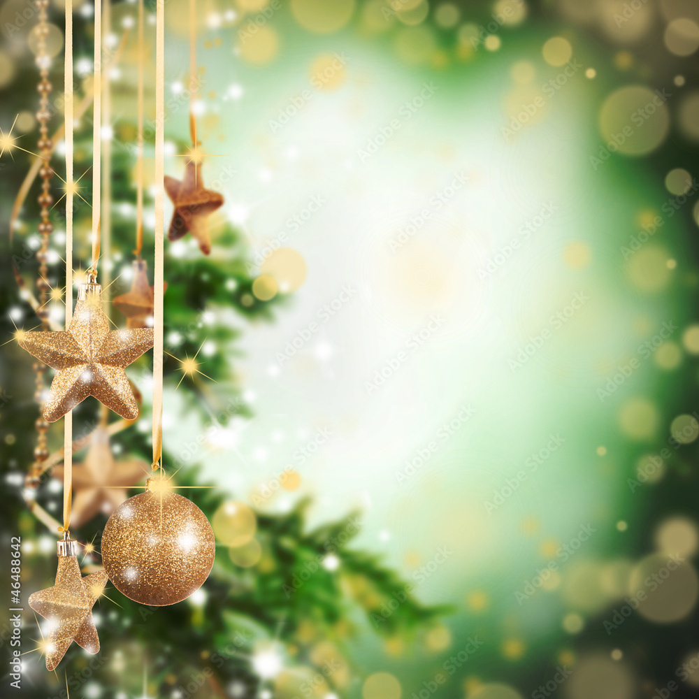 圣诞主题，金色玻璃星星和免费文本空间