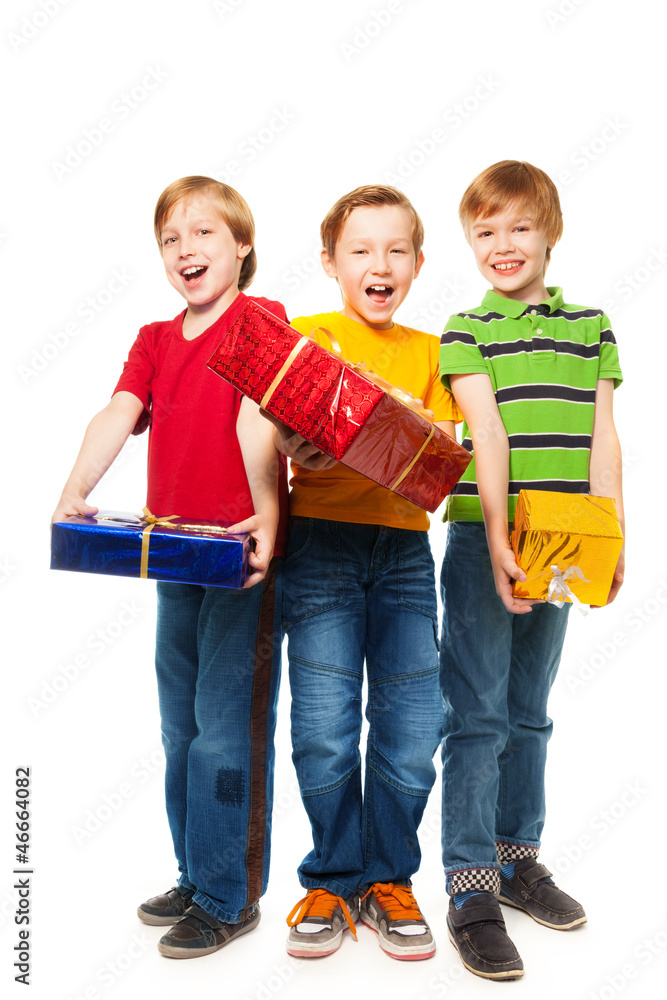 Laughing boys with presents