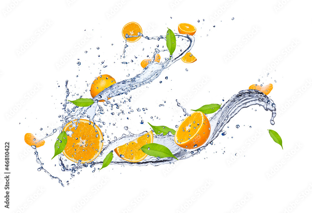 Fresh oranges in water splash, isolated on white background