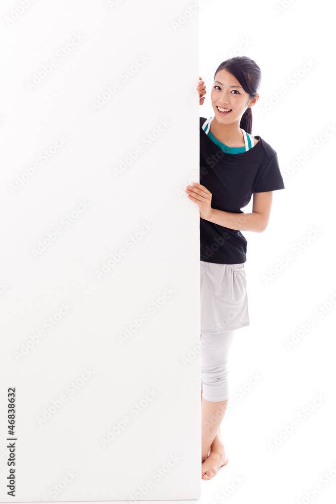 beautiful asian woman with blank whiteboard