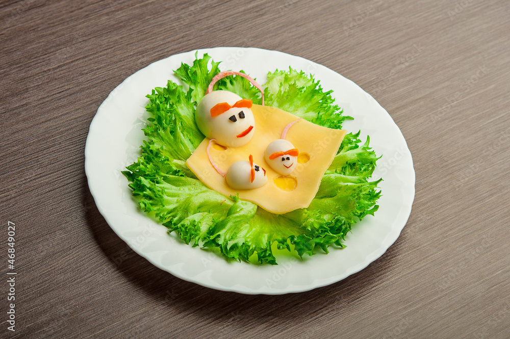 Design of food for children. eggs in the shape of mouse