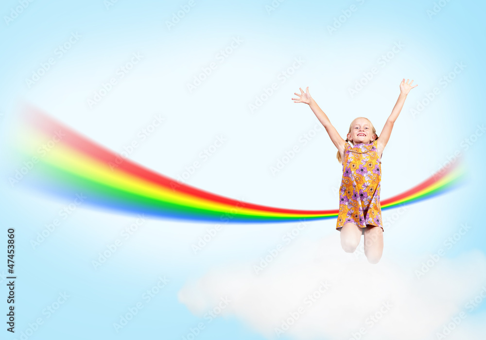 女孩在云端和彩虹上跳跃