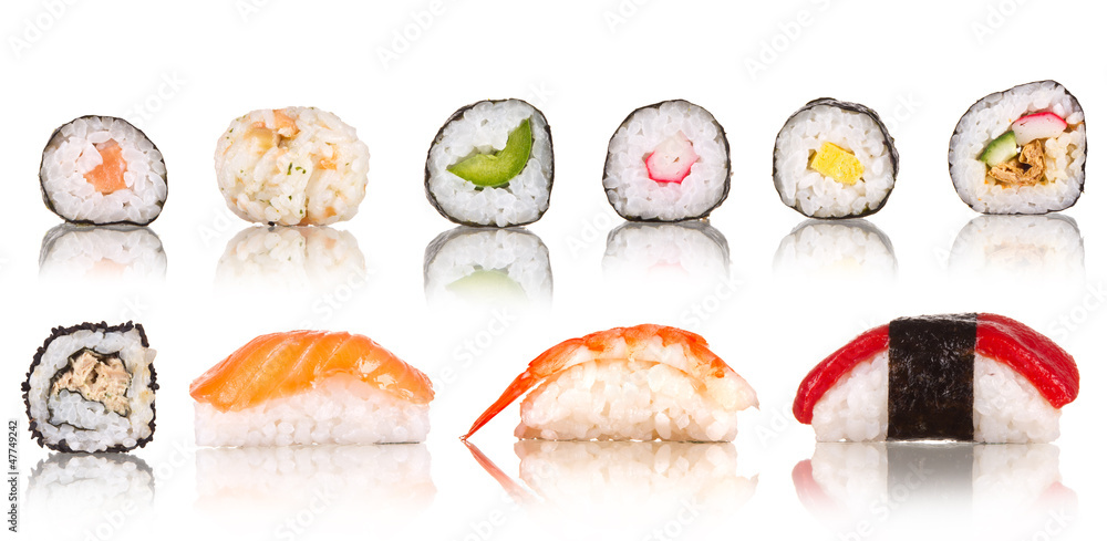  Sushi pieces collection, isolated on white background