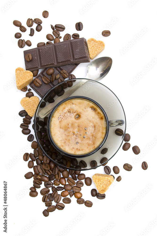 Cappuccino, brown sugar and coffee beans on white background