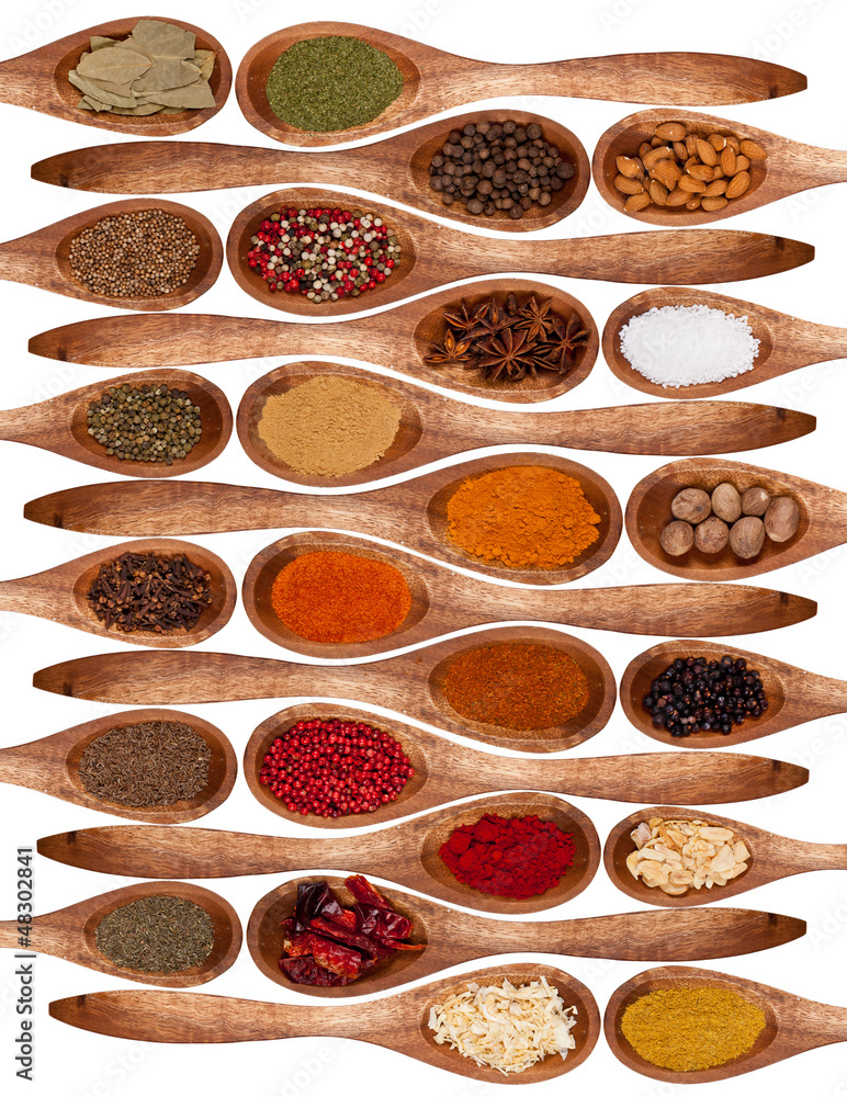 Concept with spices on wooden spoons on white background
