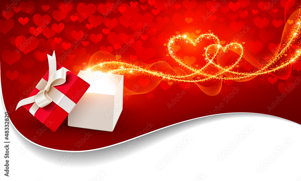 Open gift box with magic hearts