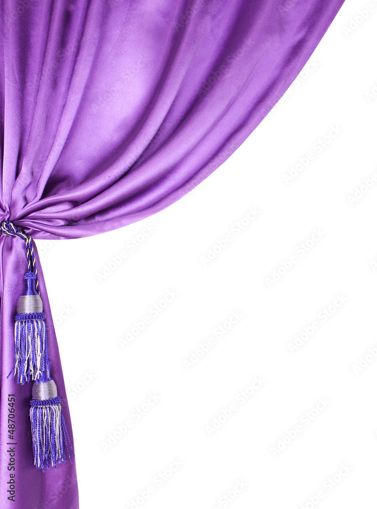 白色背景隔离的紫色丝绸窗帘