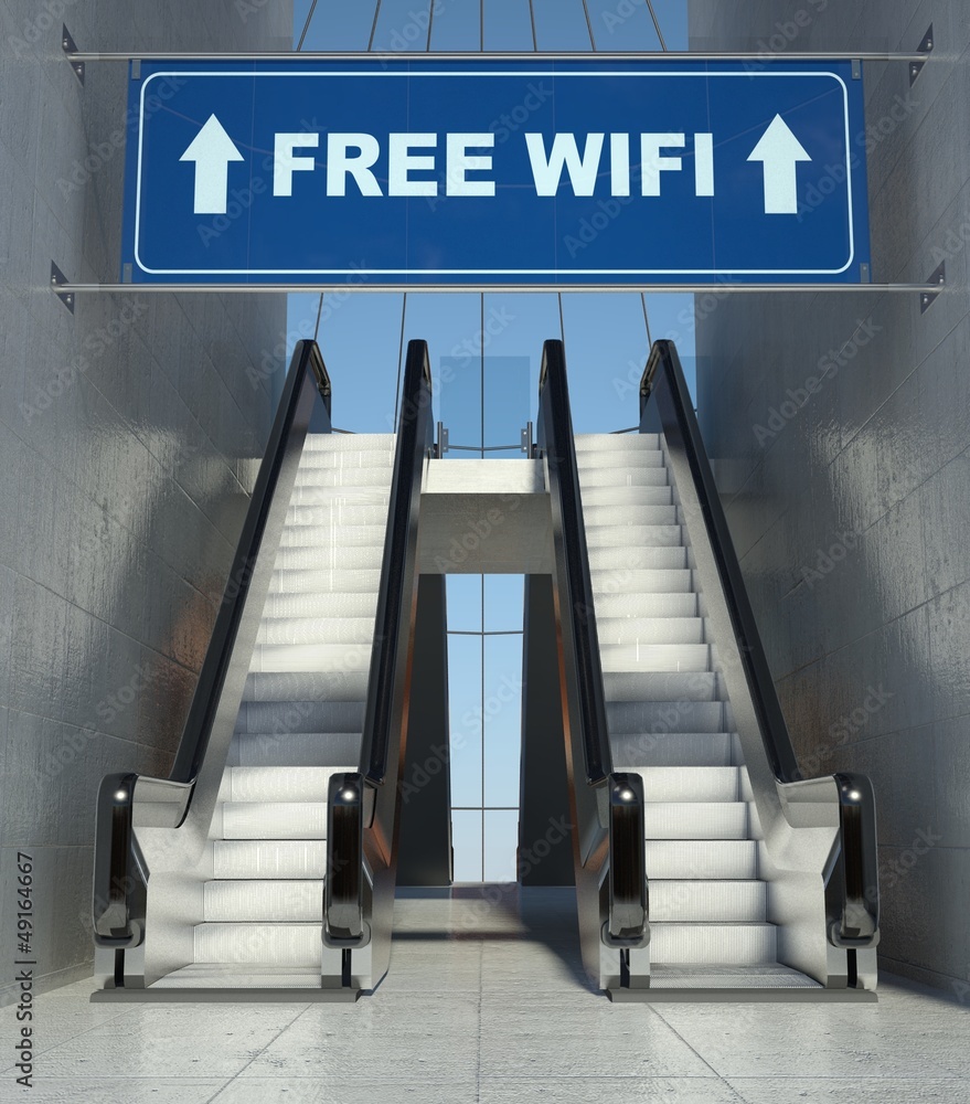 大楼内移动自动扶梯楼梯，免费无线上网标志