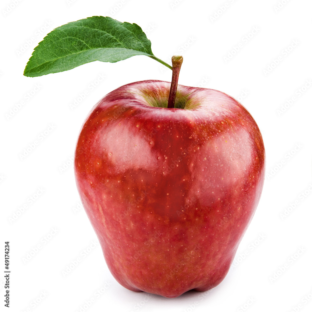 红色苹果，叶片孤立在白色上