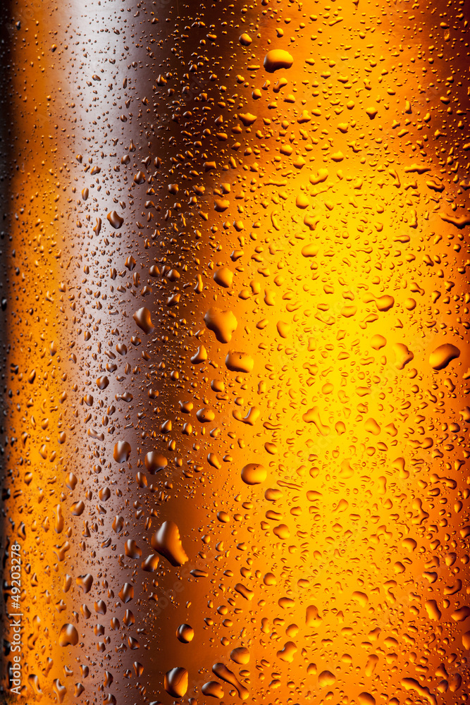 Beer. Texture of water drops on the bottle