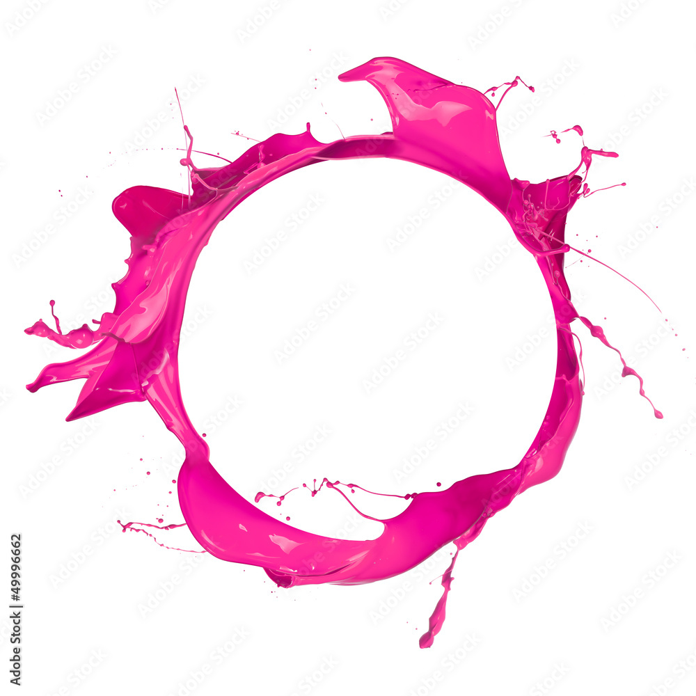 粉红色油漆的圆圈，有文本的自由空间，隔离在白色上