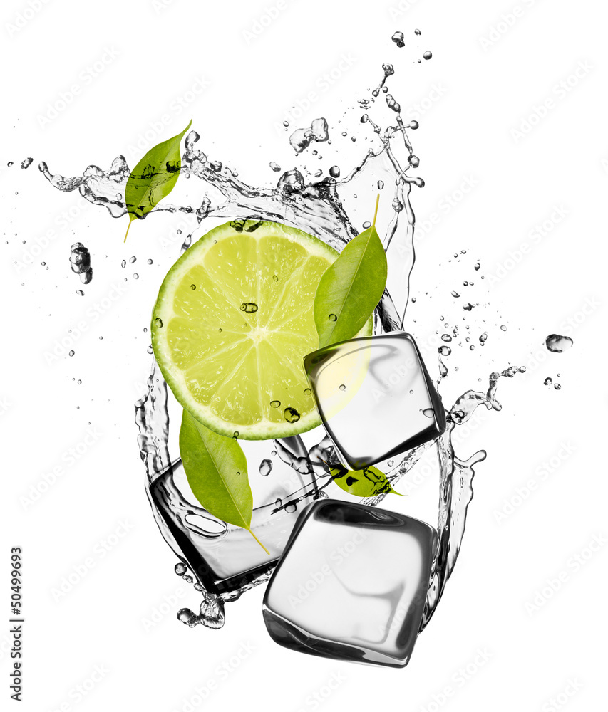 Lime with ice cubes, isolated on white background