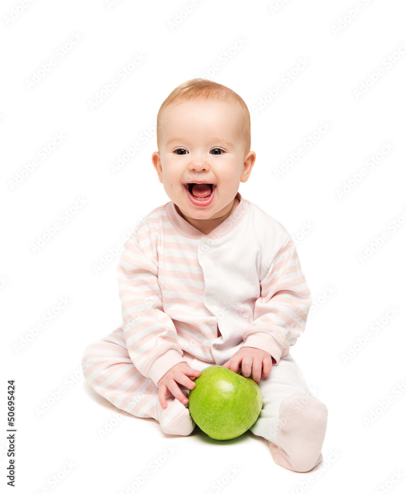 可爱快乐的婴儿与水果绿苹果隔离