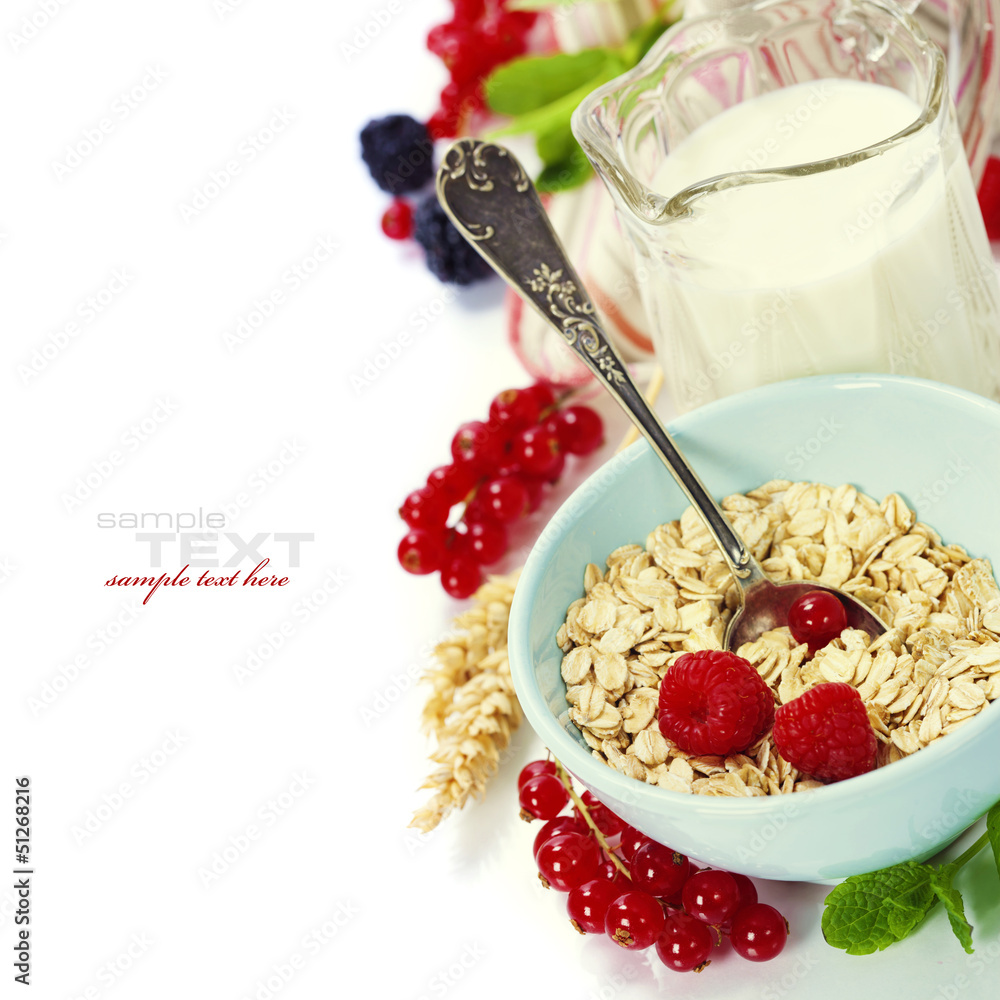 healthy breakfast with bowl of oat flakes