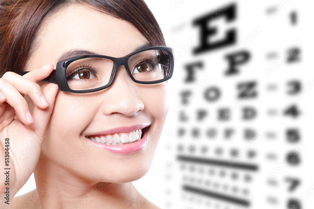 戴眼镜和视力测试表的女性