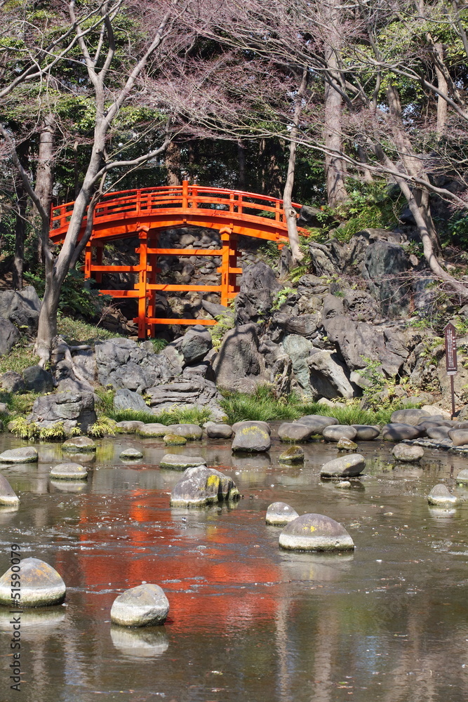 Red bridge in Japanese style garden