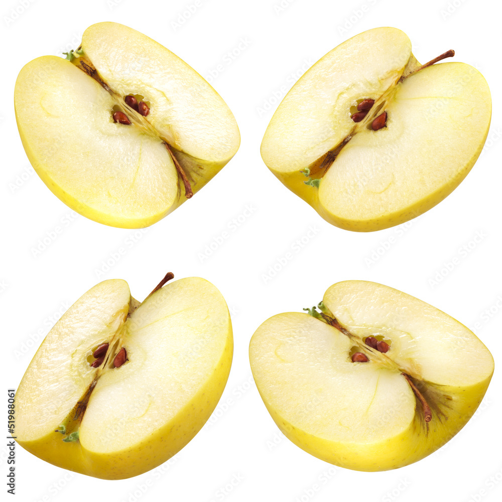 半个黄色苹果。收集。一套白色水果。夹子