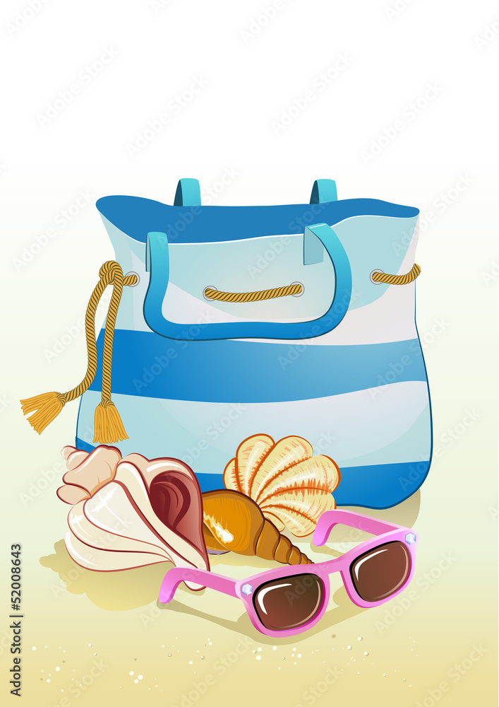 holiday background with sand,bag, shells and sunglasses