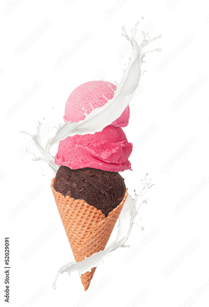 Ice cream with milk splash on white backgrou