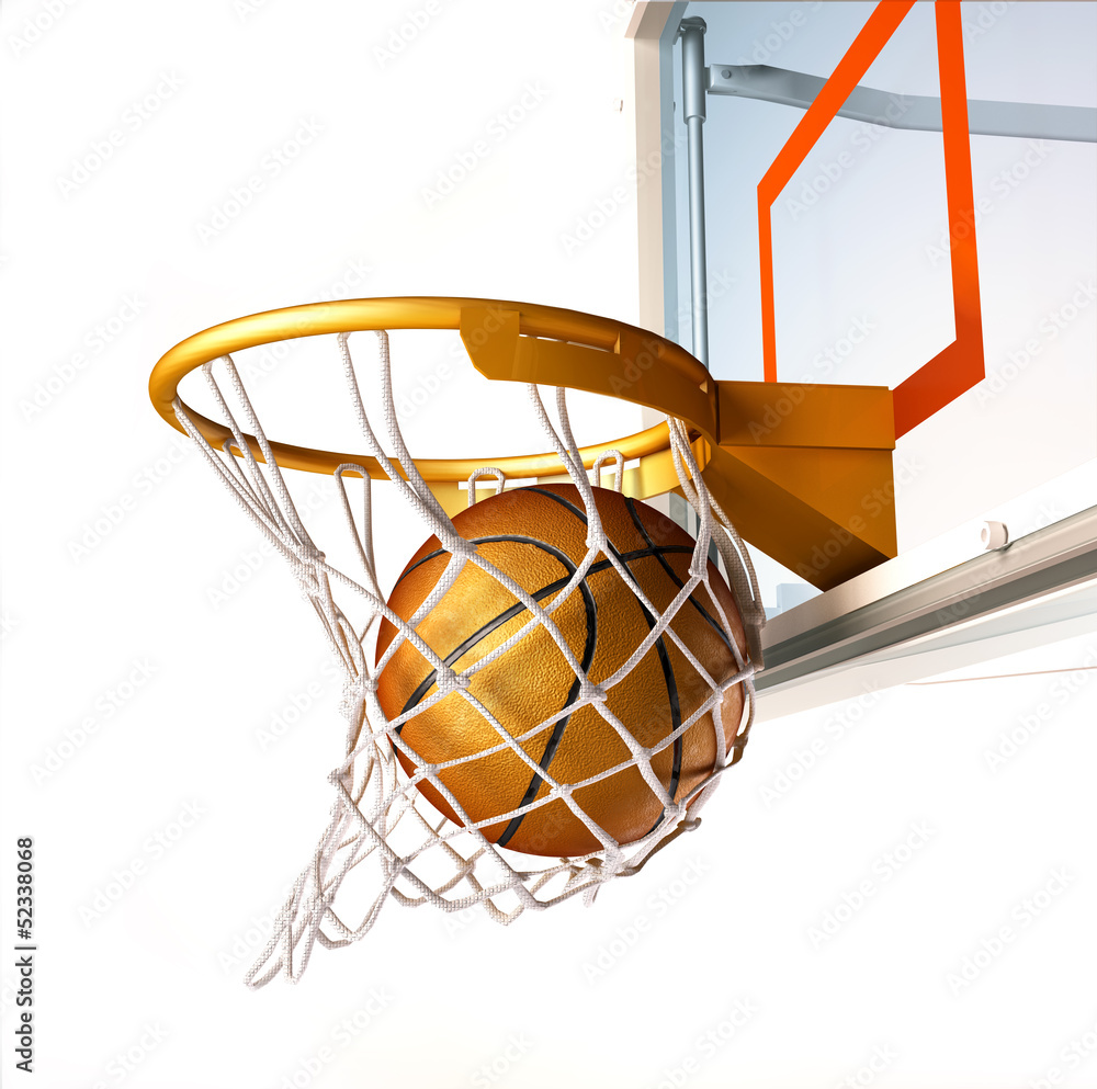 篮球以篮筐为中心，特写。