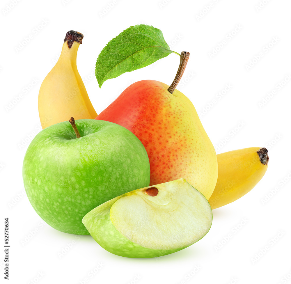 Isolated fruits. Green apple, pear and banana (baby food ingredients) isolated on white background
