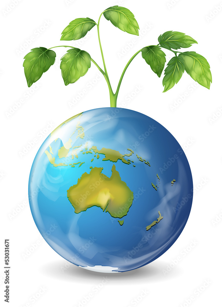Planet earth with a growing green plant