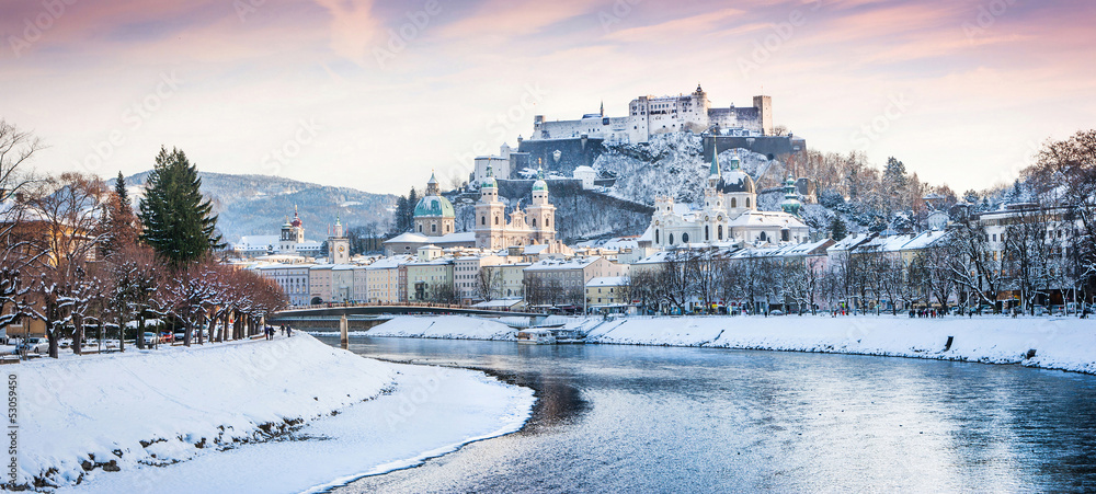 Salzburg skyline panorama with river Salzach in winter, Austria