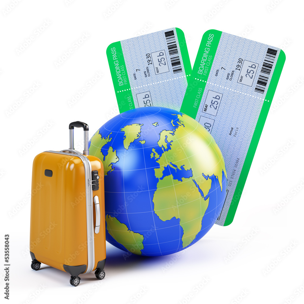 环球、行李箱和机票-旅游图标
