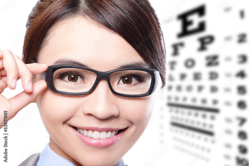 戴眼镜和视力测试表的女人