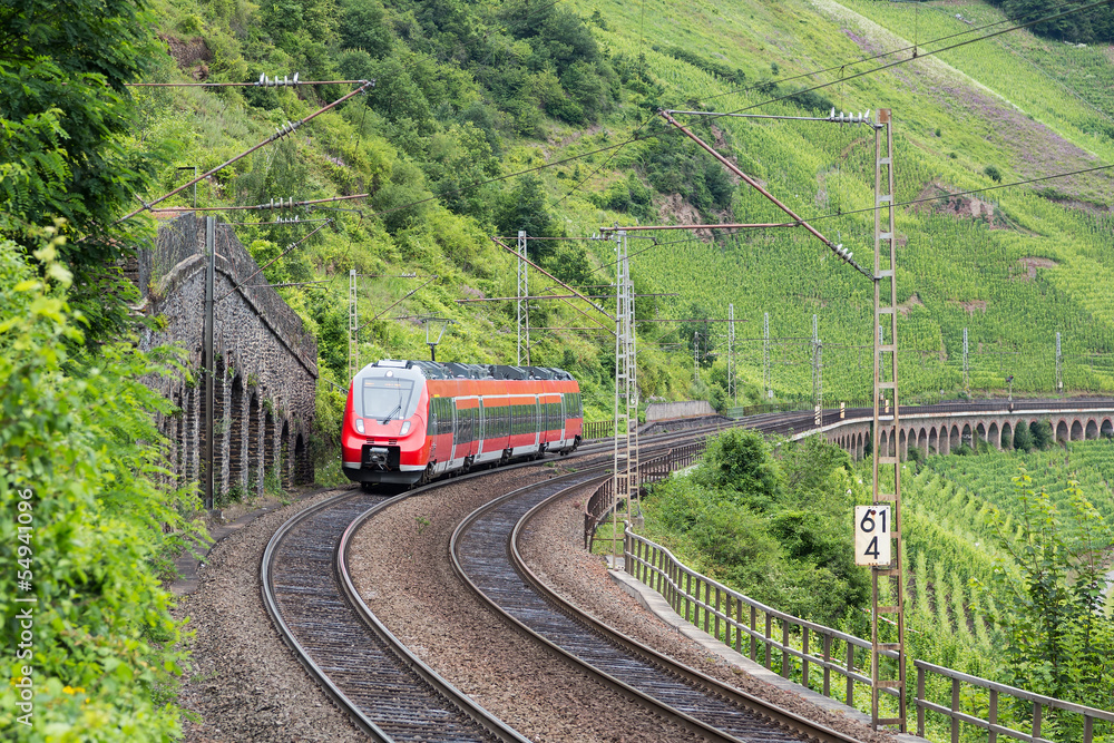 火车沿着德国摩泽尔河附近的葡萄园行驶