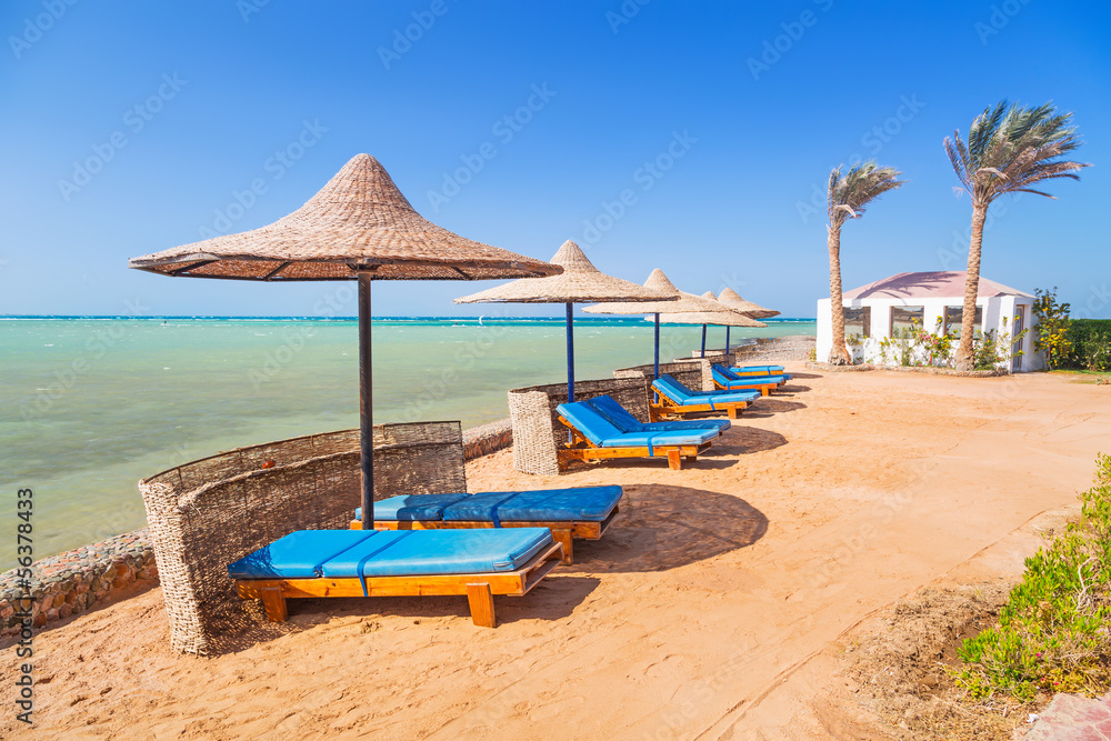 在埃及红海海滩的遮阳伞下放松