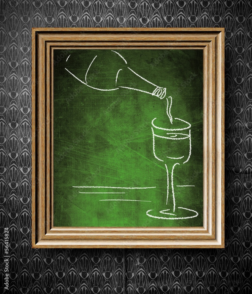 Bottle and glass of wine chalkboard in old wooden frame