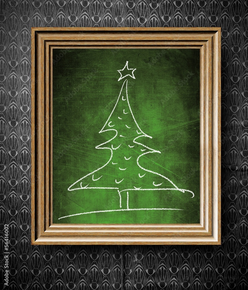 旧木框架中的圣诞树标志黑板