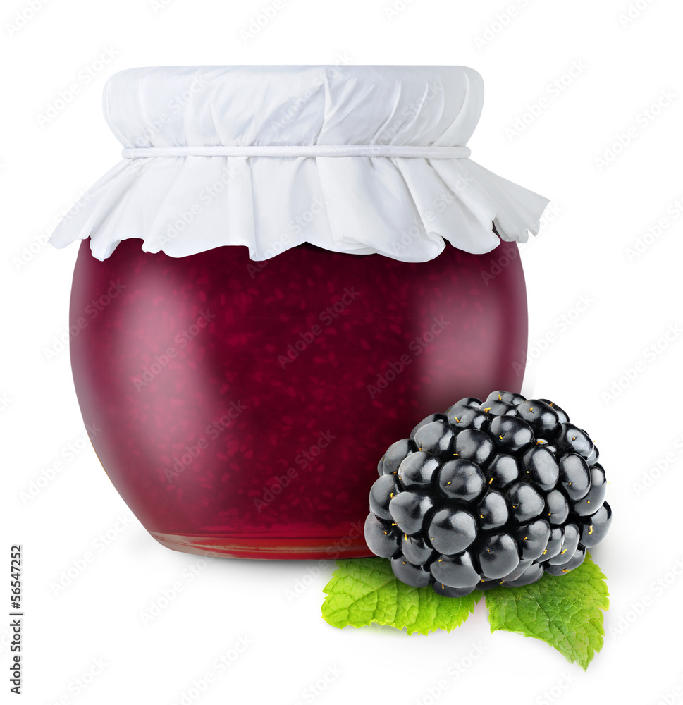 Isolated fruit jam. Glass jar of blackberry jam isolated on white background