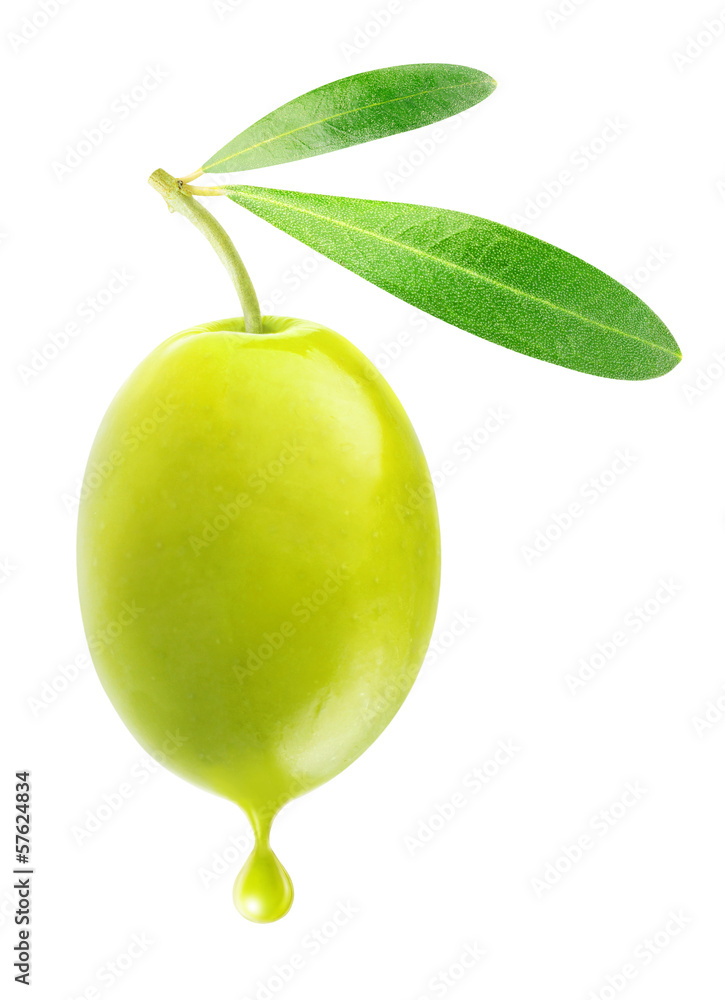 Isolated olive. One green olive with drop of oil isolated on white background