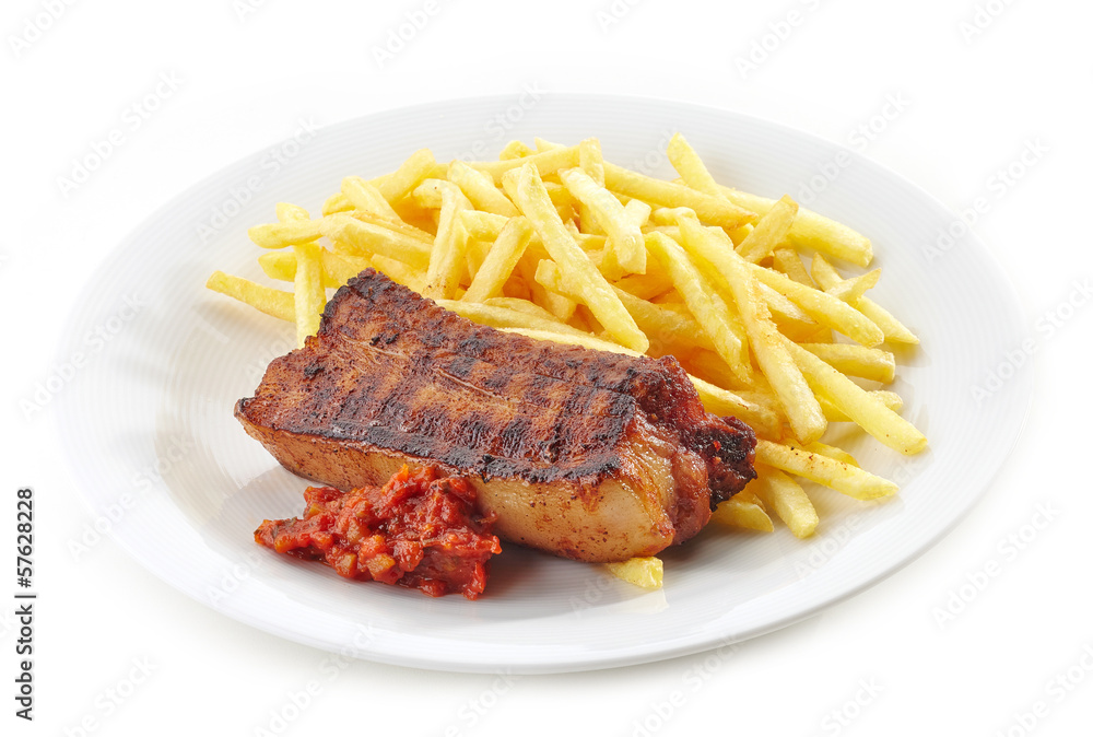Grilled pork meat and french fries
