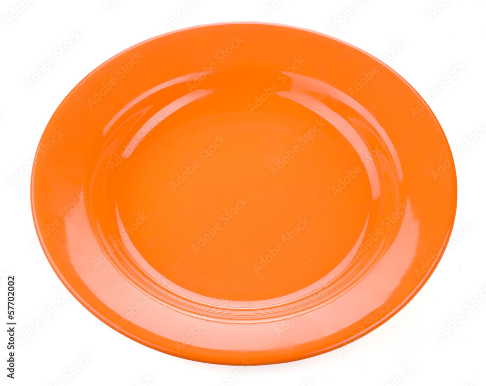 Orange empty plate on white background